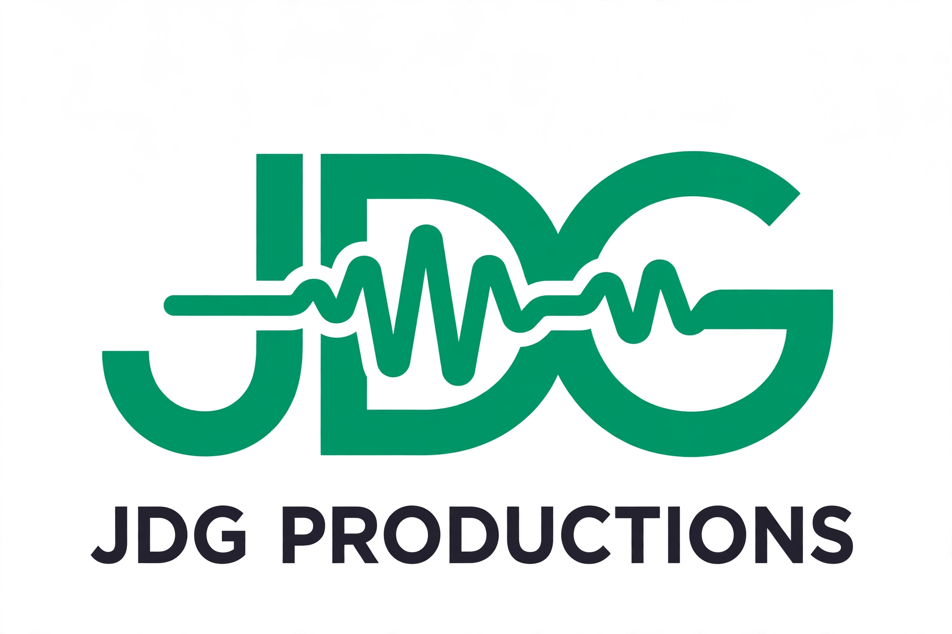 JDG Productions logo: the letters J, D and G joined together in emerald green, with a soundwave running through the middle of the letters.